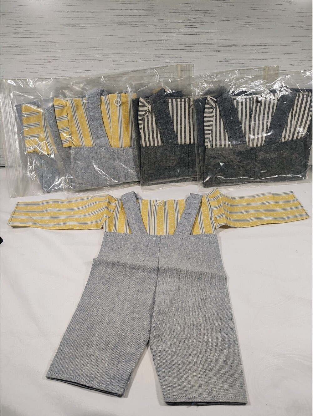 5-Piece Doll Outfit Set Gray Overalls w/ Yellow Stripe Long Sleeve Top 11 in